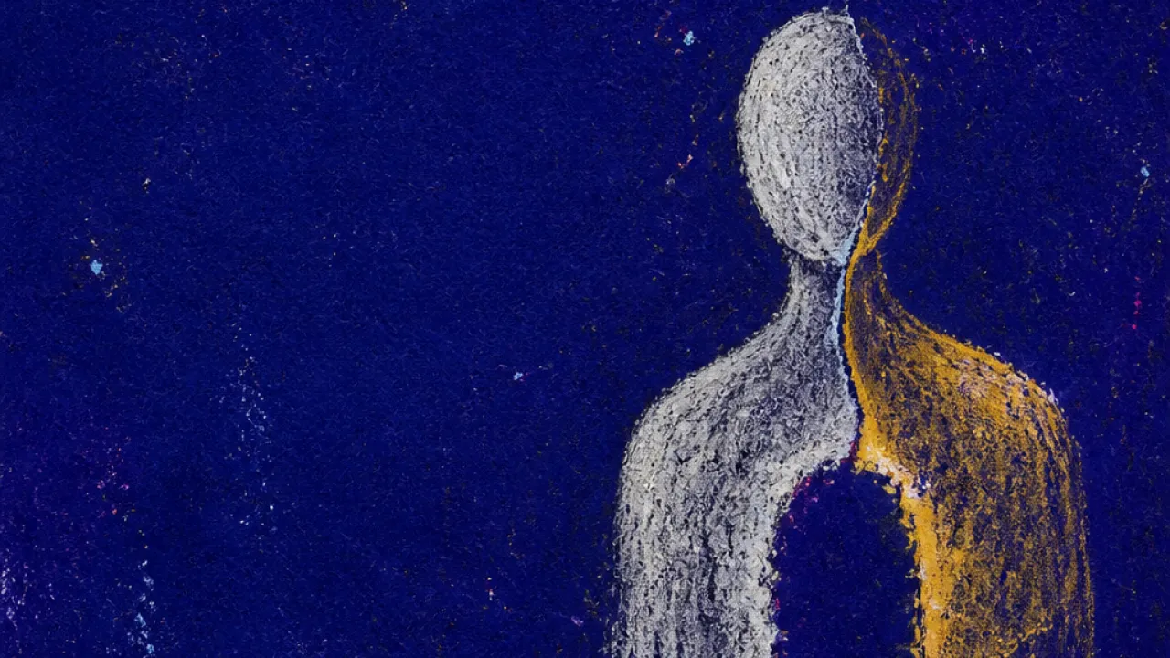 The Window Gone Dim A solitary figure with a hollow chest, a dim narrow window shape edged by cold silver and muted amber in indigo space