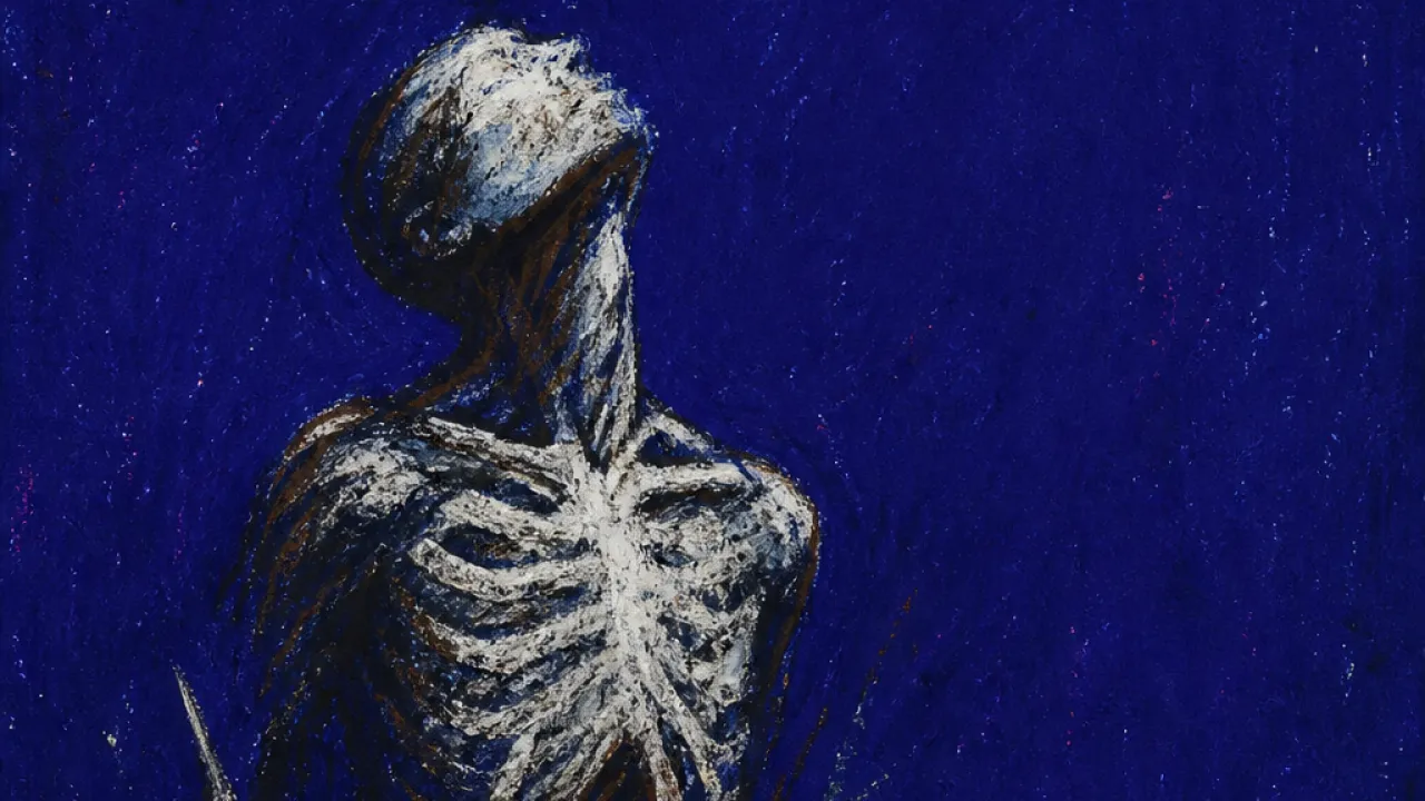 A solitary figure with tight ribs in deep indigo space, pale silver ground loosening beneath a stark white threshold