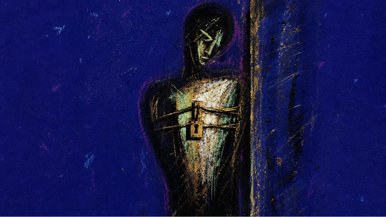 A solitary figure with a tightened chest before a dark threshold, iron black space edged with pale gold