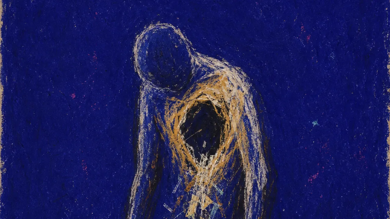 Where the effort spilled A solitary figure with heavy lowered hands and a hollow chest, cold amber spilling across deep indigo space