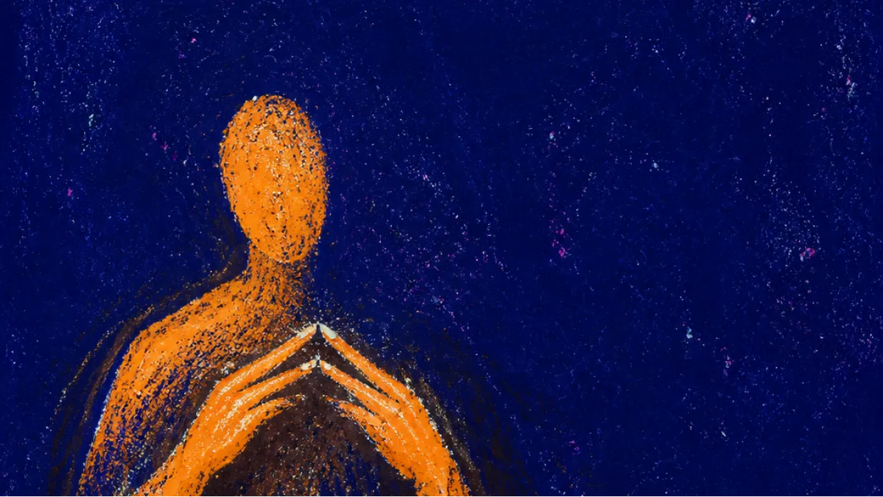 A solitary figure with hovering hands and a tight chest, warm amber light pressed against cold indigo space
