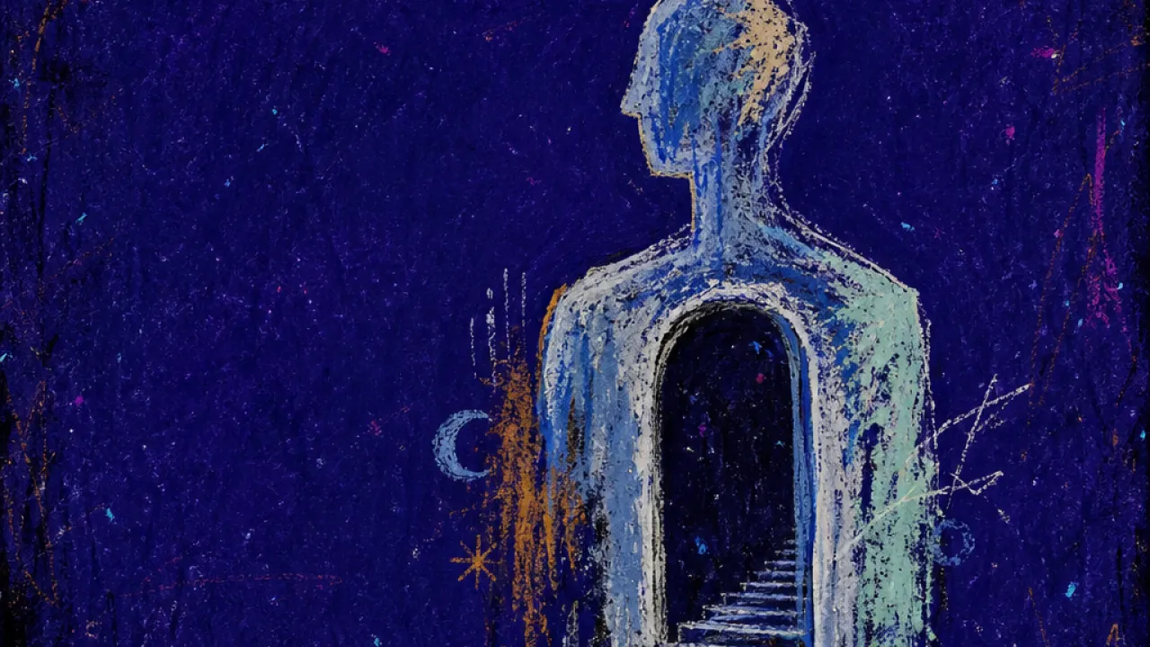 Cold air on both sides A solitary figure with a hollow chest paused between dim banks, faded grey and moonlit blue space stretching ahead