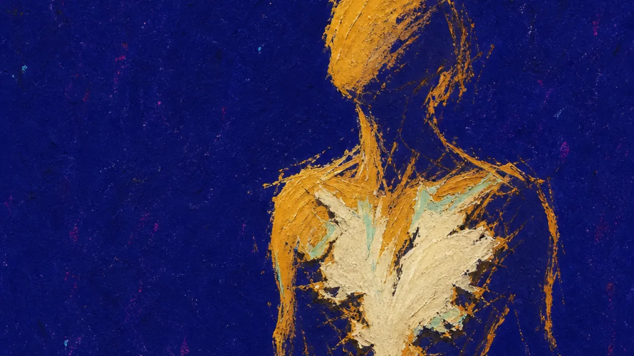 A solitary figure with a loosening body outline, warm amber static pressing against cold indigo space
