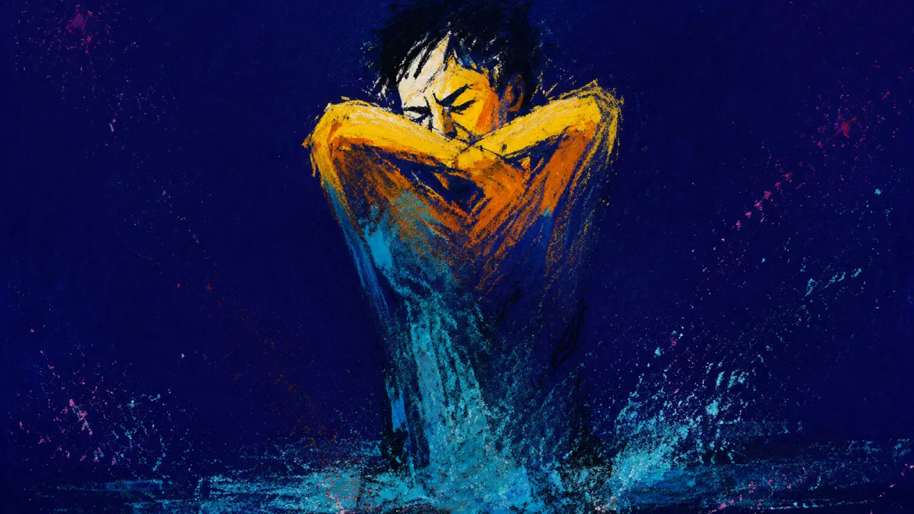 Suspended Above Fading Ground A solitary figure with lifted shoulders and a drawn-in torso, amber edges fading into cyan above a dim indigo ground.