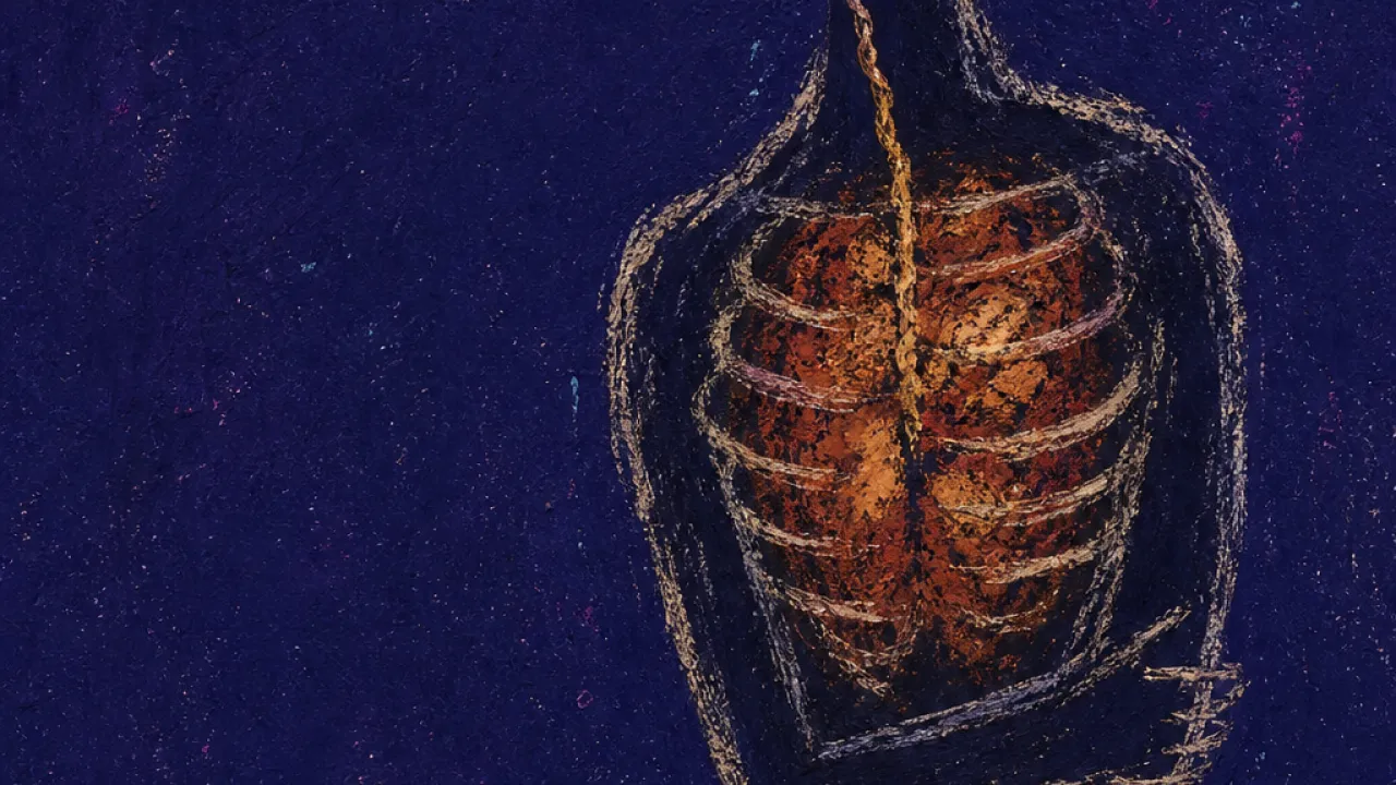 A line not spoken A solitary figure with tight heat around the ribcage, rust orange lines compressed inside deep indigo space