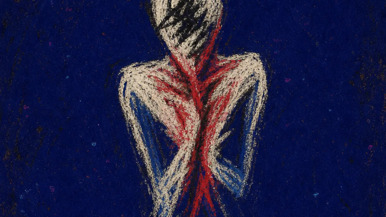 Hot Edges, Cold Space A solitary figure with chest and throat compressed, hot red edges fading into cold deep indigo space