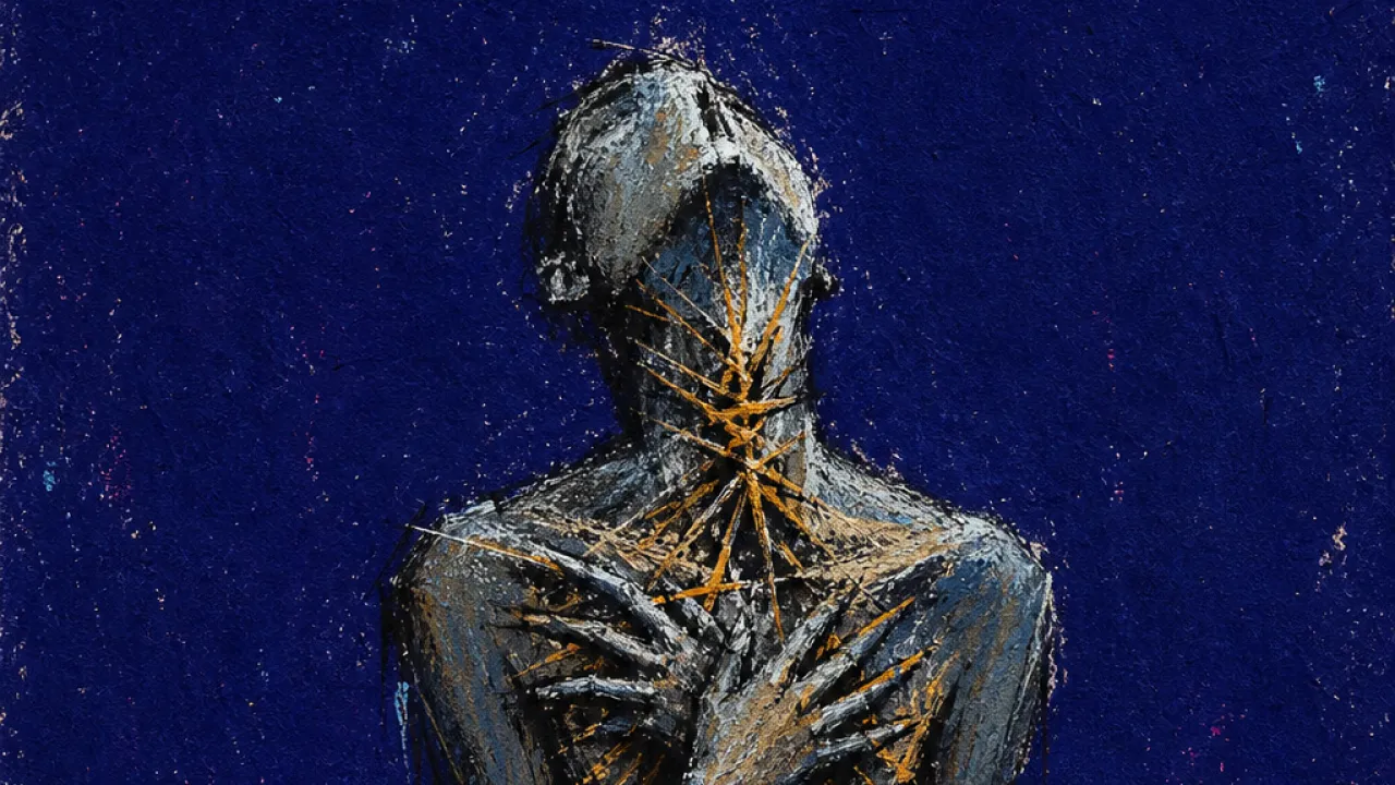 A solitary figure with chest and throat compressed, slate grey space closing in with sharp amber edges