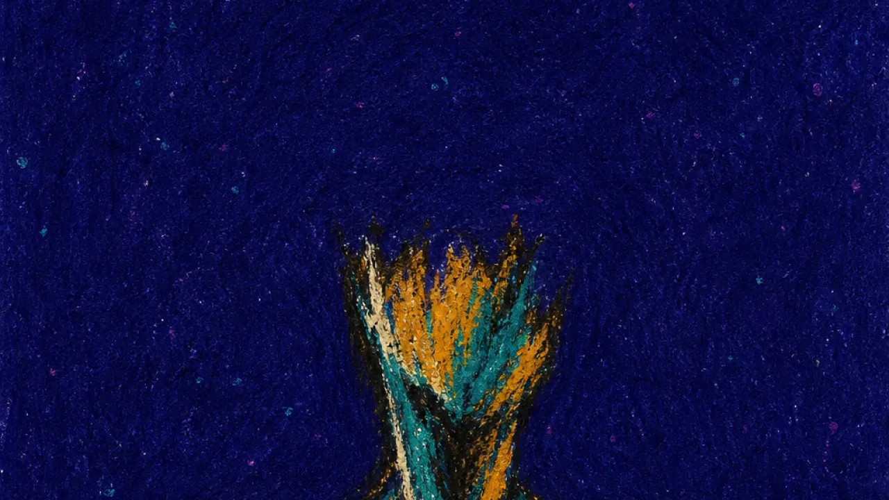 Air With Edges A solitary figure in dark negative space with teal bands around the ribcage and throat, amber edges closing inward.