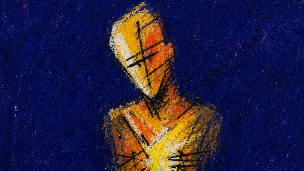 Seen While Still Attached A solitary figure under a sharp amber spotlight, chest compressed, loose chains visible against deep indigo space