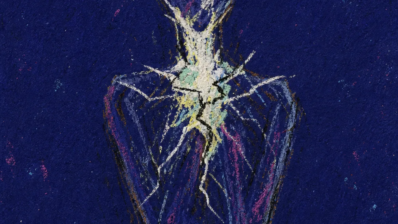 A solitary figure held in sharp white light, throat and chest tightened as blurred space splits into clean dark edges