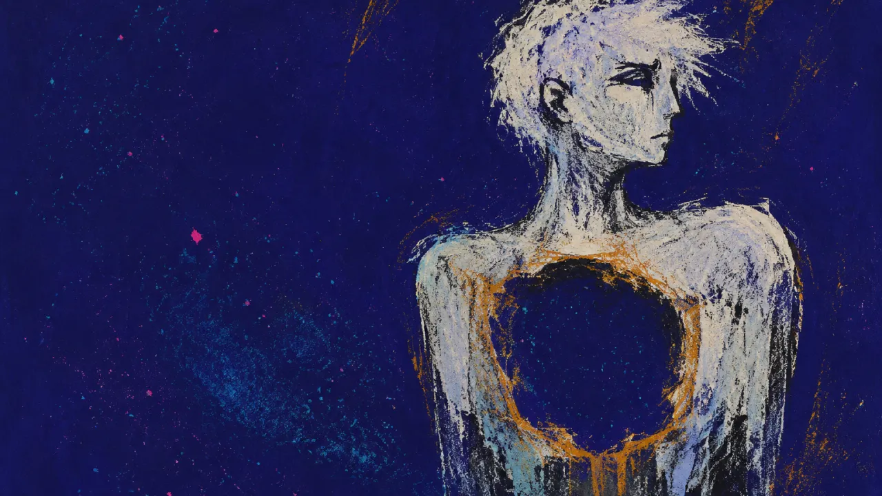 The Unfurnished Space Within A solitary figure with a translucent hollow at the chest, pale silver dissolving into indigo along a fine amber rim.