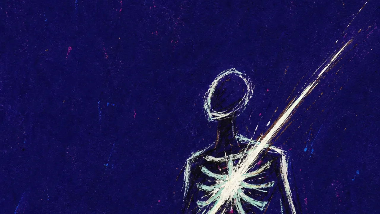 Too bright to blur A solitary figure with a bright strike at the ribcage, white light cutting through deep indigo stillness