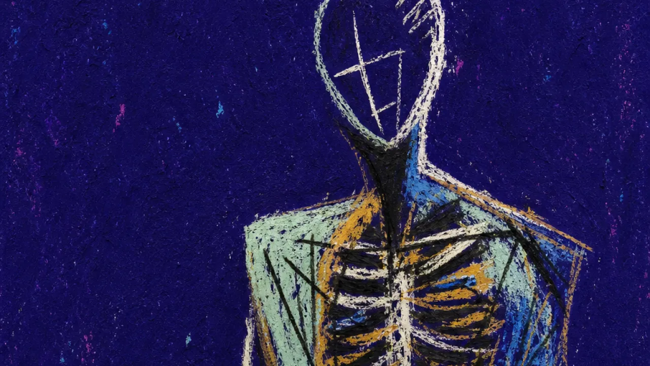 Ceiling of thought A solitary figure with tight ribs beneath blade-like shadows, ash blue pressure edged with amber in deep indigo space
