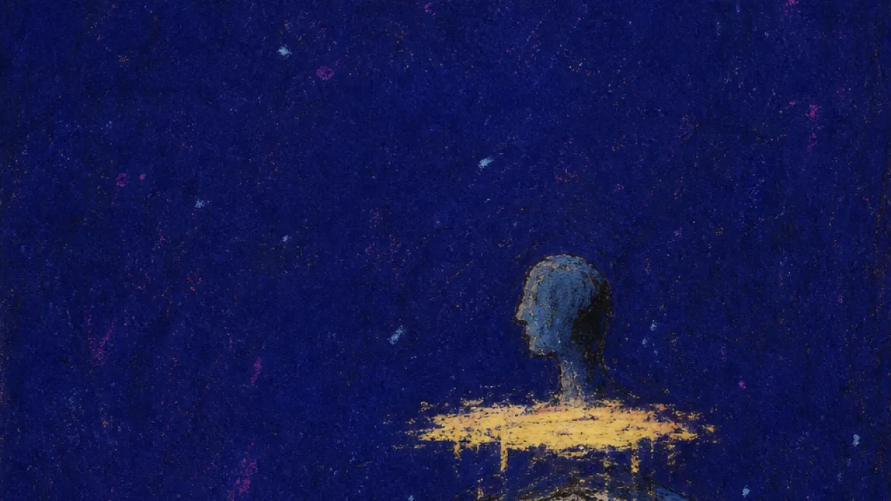 A solitary figure with a rinsed-out hollow chest, waterlike light pouring outward beneath a distant bright sky