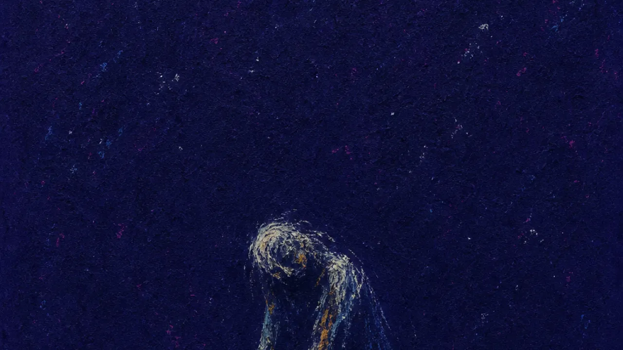 Bright Light, Empty Hands A lowered solitary figure with both hands as draining vessels beneath a distant star, cold silver colliding with faint amber