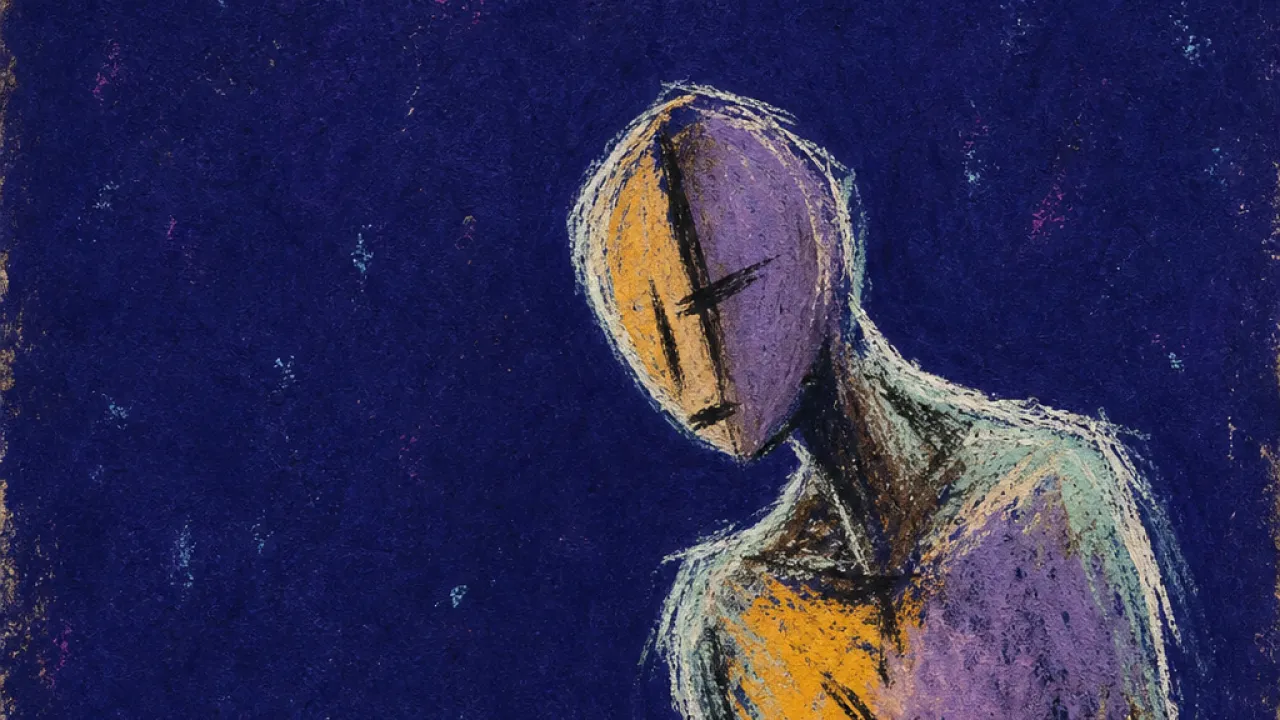 Waiting for solid ground A solitary figure leaning forward, chest held tight, amber light pressing into violet mist over dark open ground