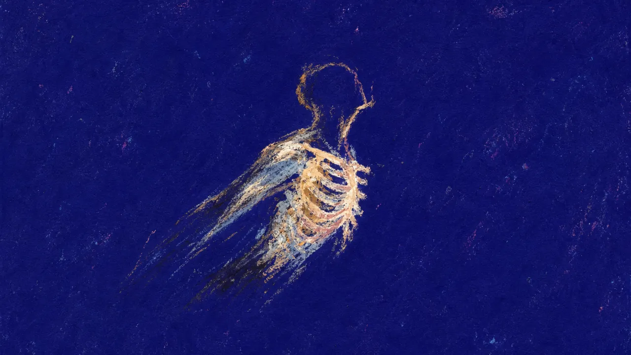 A solitary figure leaning forward from dark ground toward a pale far shore, silver-blue light suspended across the gap
