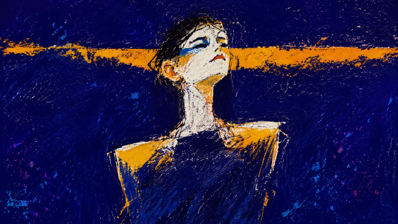 A solitary figure with raised shoulders beneath an amber plane, the torso outlined by indigo space and cold white edges