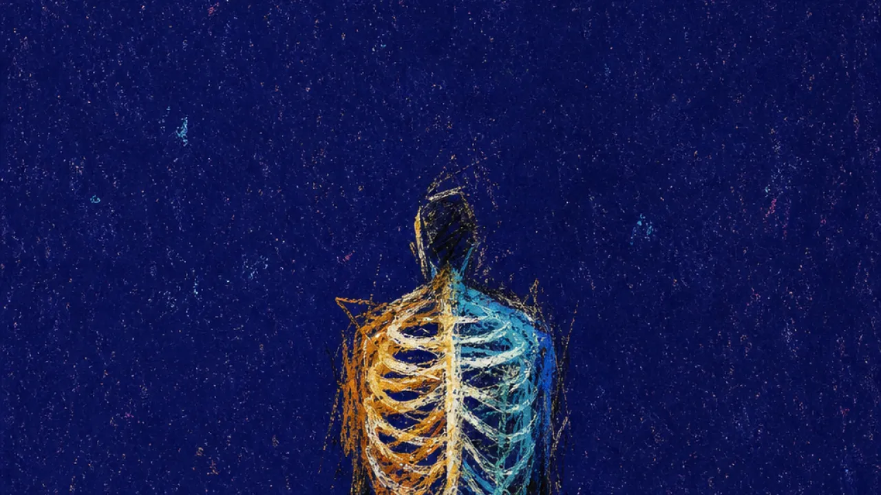 A signal in low light A solitary figure on a dim path, ribcage marked by amber and cold blue lines under reflected indigo light