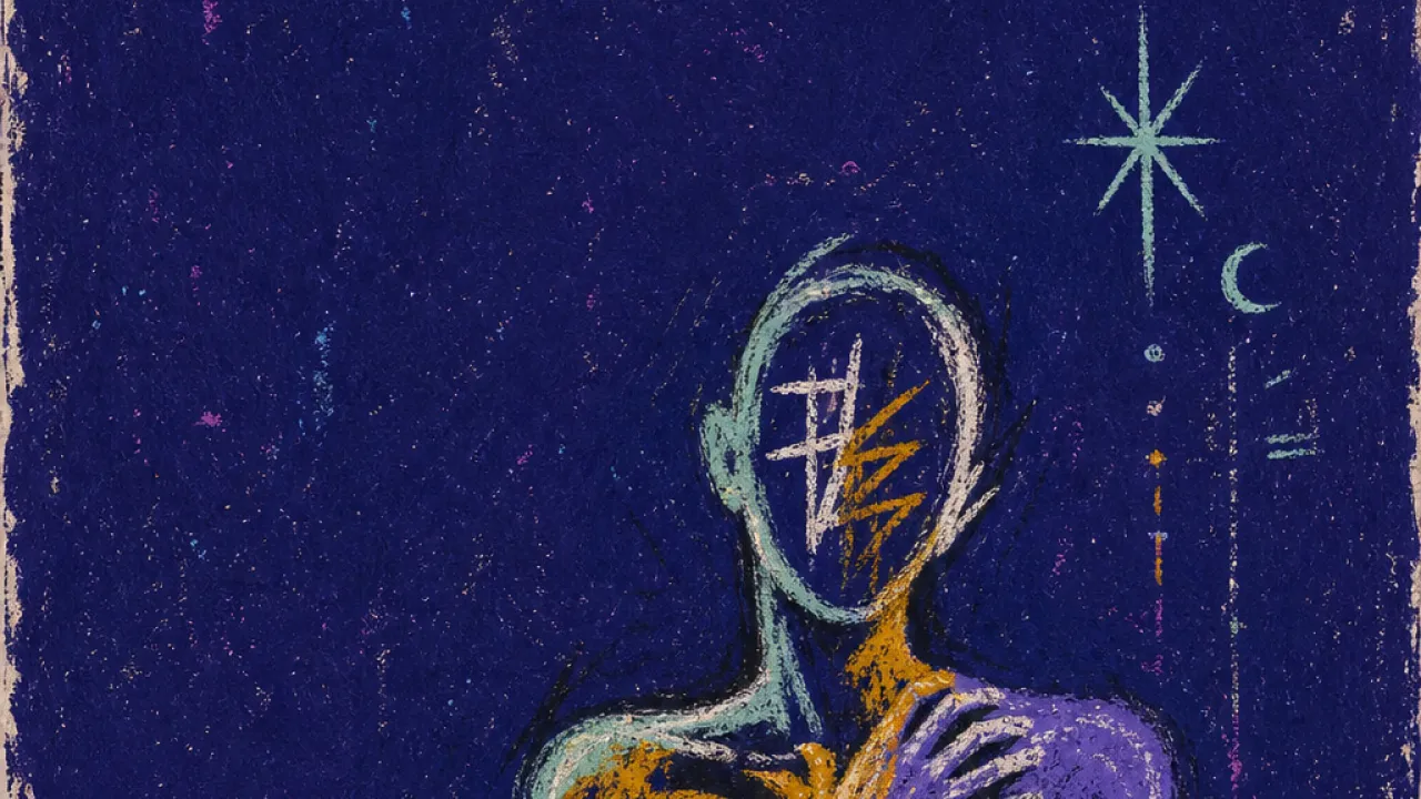 The body on watch A solitary figure with tense ribs and raised shoulders, pale violet space pressing around a narrow amber glow