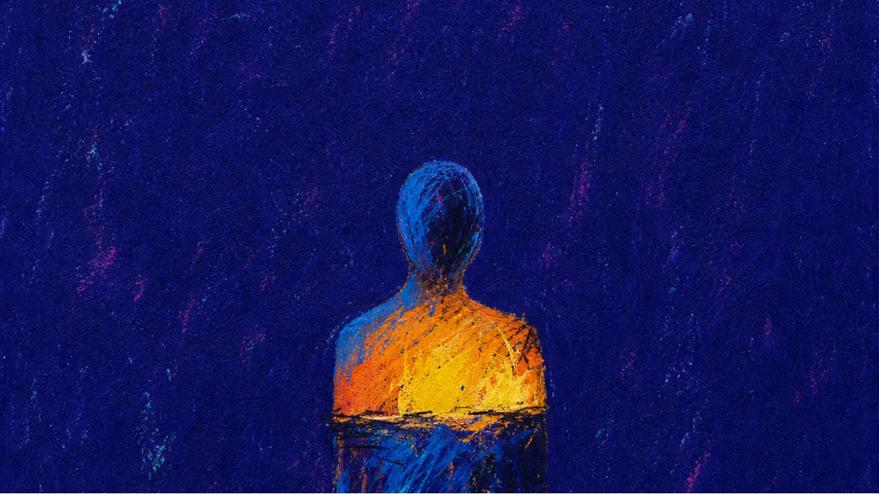 When The Waterline Rises A solitary figure with a waterline across the chest, hot amber pressure spilling into cold blue deep indigo space