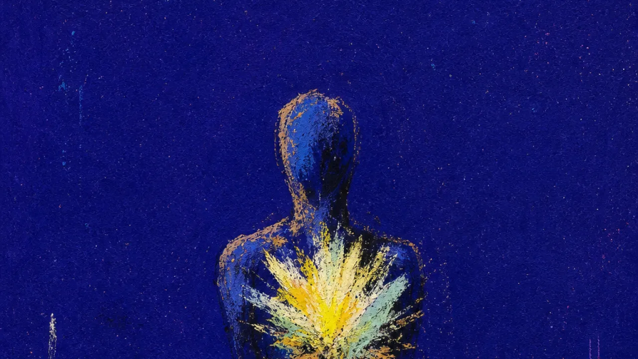Bloom before roots A solitary figure with bright heat in the chest, small blooms visible above unrooted lines in deep indigo space