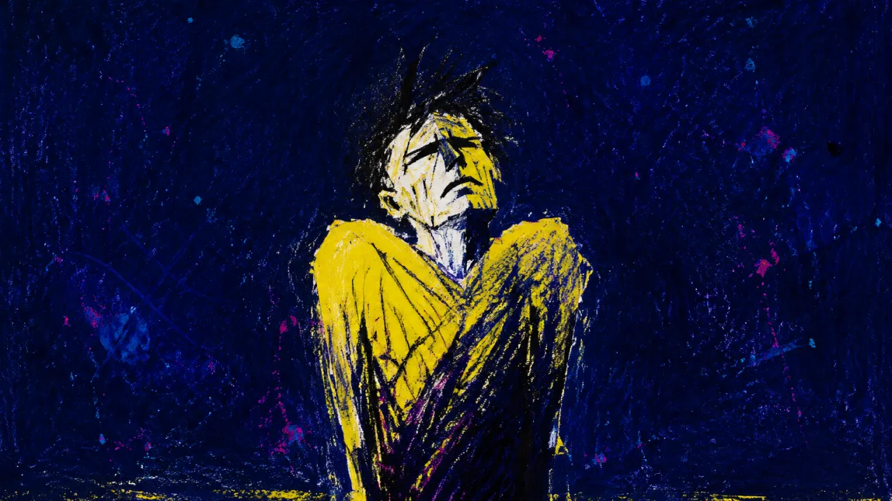 A solitary figure with raised shoulders and a braced torso, electric yellow ground ending sharply in deep indigo space.
