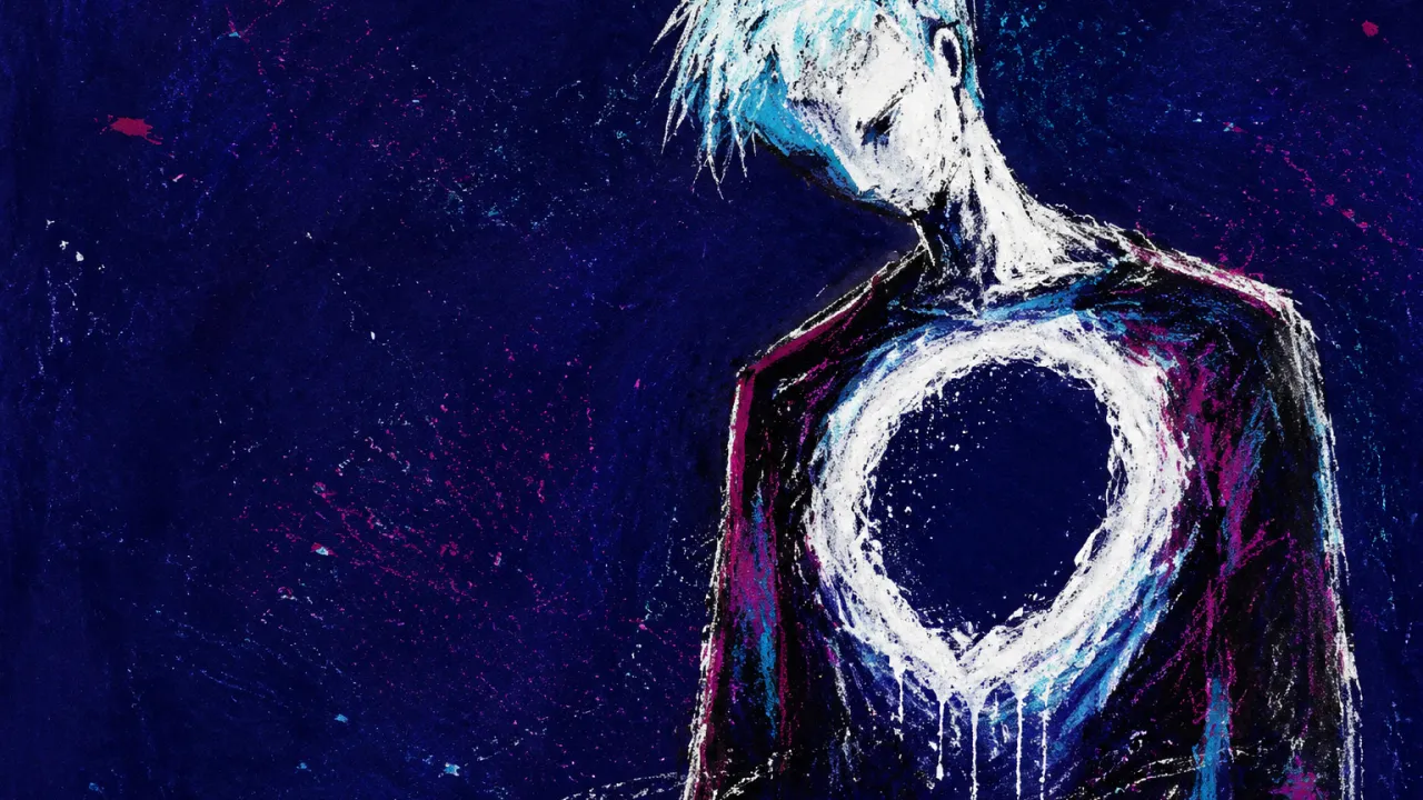No place to land A solitary figure with a hollow chest, suspended inside a completed wreath, cool white space against deep indigo