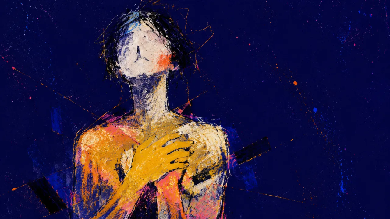 Held in the finished pose A solitary figure centered in a dark oval frame, chest sealed by warm gold tension against bruised indigo space