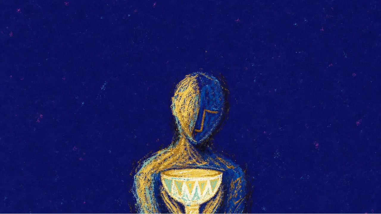 Warmth With a Hidden Tab A solitary figure in dark space with a cup-shaped glow at the chest, soft gold pressing into cold blue tally marks