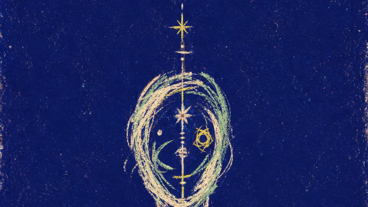 Pressure Dropping Into Place A solitary figure with lowered shoulders, pale lines gathering into one channel against deep indigo space
