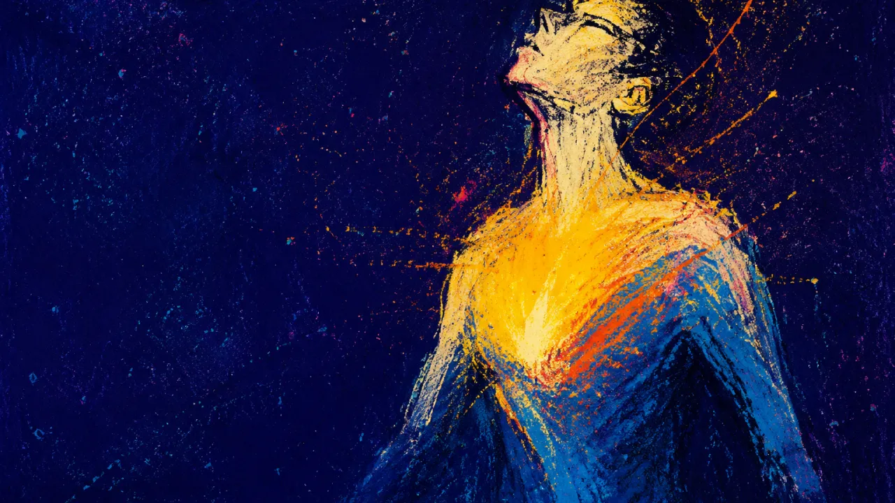 Suspended in a Bright Surge A solitary figure with amber light flooding the chest and torso, its bright edge suspended against blue-indigo darkness.