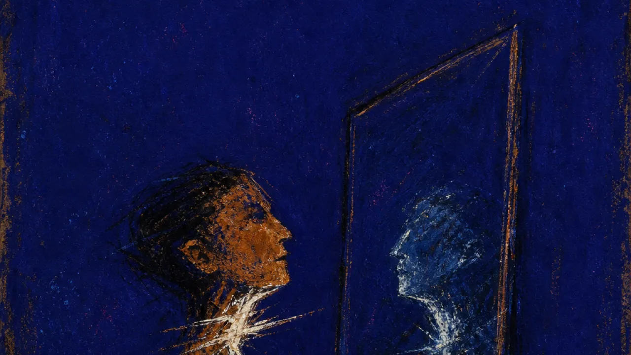 A solitary figure with a dim line at the throat reflected in glass, copper warmth meeting deep indigo shadow