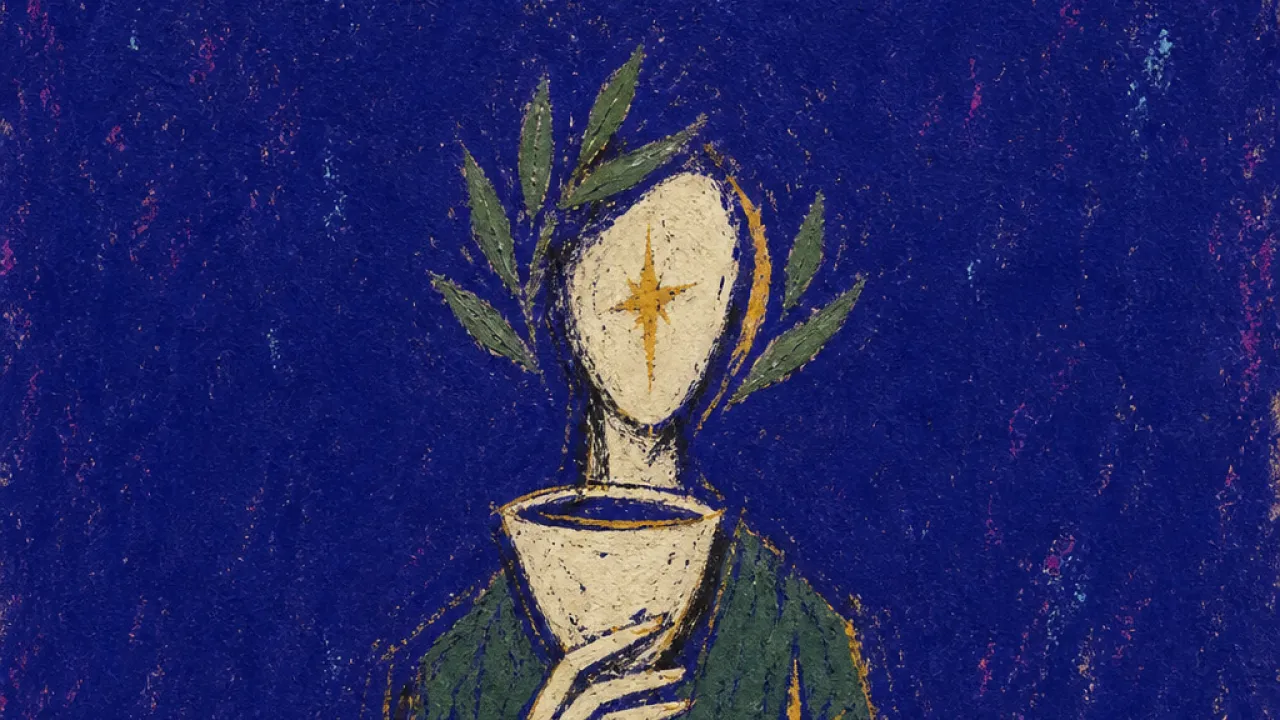Breath Before the Step A solitary figure in deep indigo space, hands steady around a raised cup, warm pearl light held in a muted green line