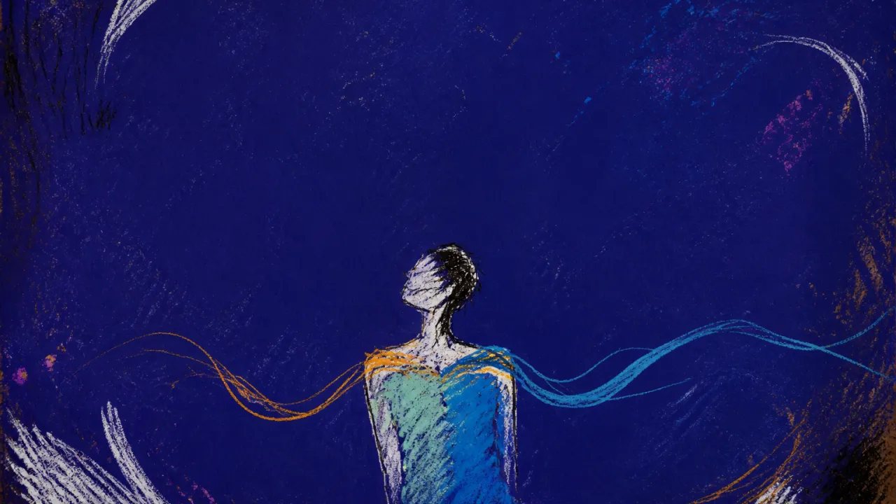 A solitary figure with lowered shoulders and an open chest, amber threads crossing into cool blue space against deep indigo