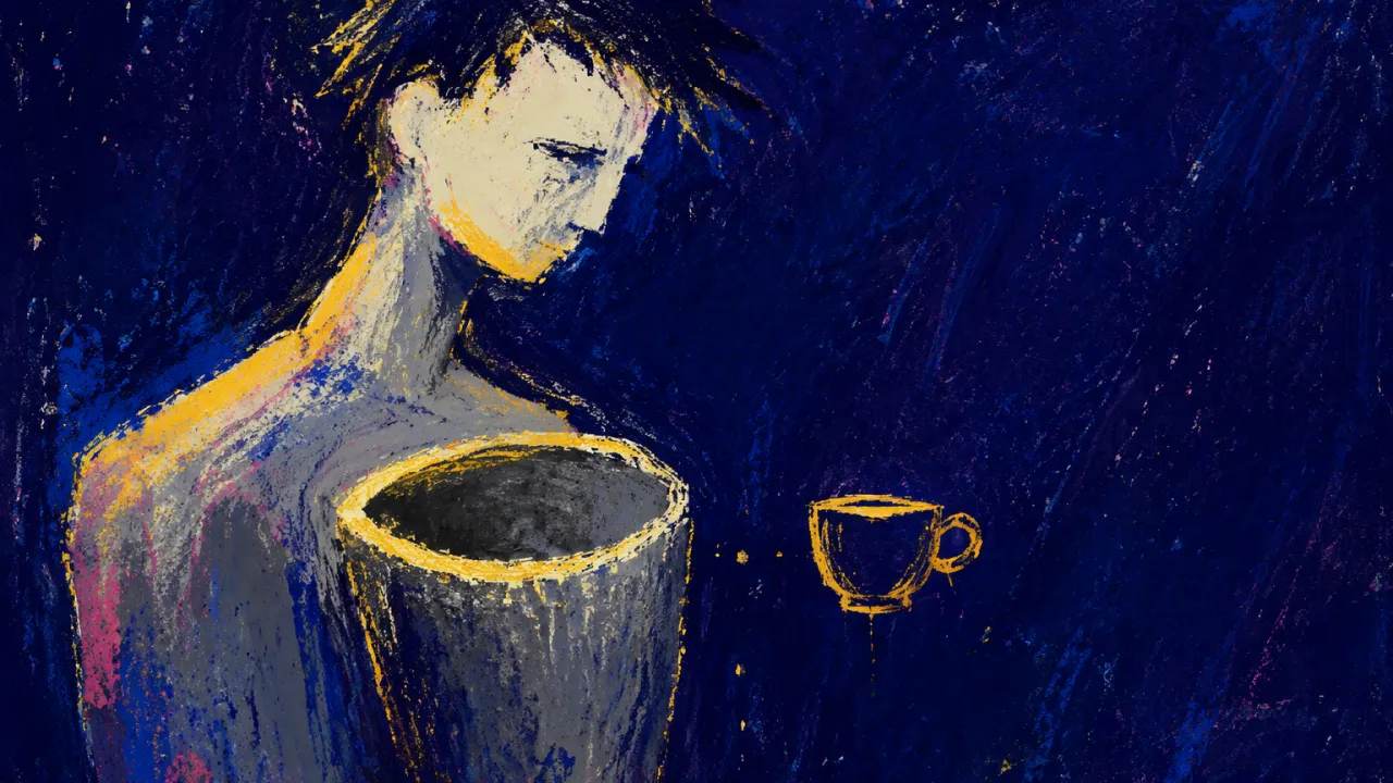 A solitary figure with a hollow chest beside a clean cup-shaped glow, warm gold stopping at muted grey in deep indigo