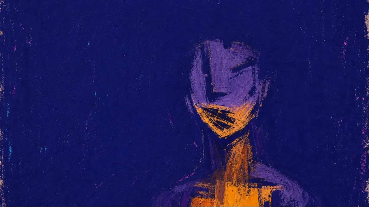 Heat behind the teeth A solitary figure with a locked jaw and guarded chest, amber heat trapped under a calm dark surface