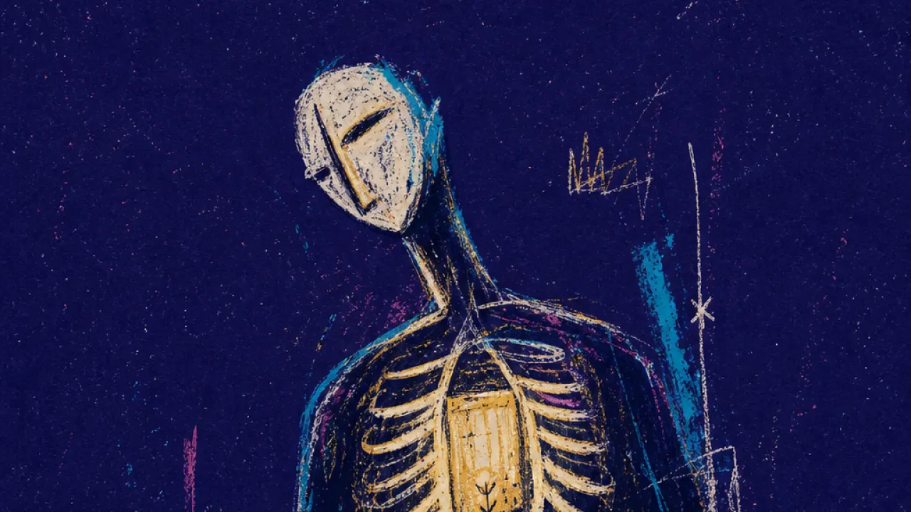 The preserved room within A solitary figure with a glowing room inside the chest, pale gold light held behind dark indigo ribs