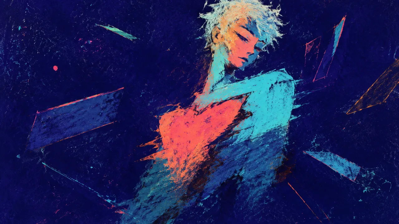 Where the Axis Won’t Settle A solitary figure with lifted shoulders and an off-axis torso, coral light suspended against icy cyan in deep indigo space.