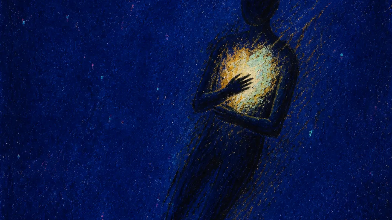 A solitary figure in deep dark space with a honey-gold glow knotted at the chest, fading into cold indigo