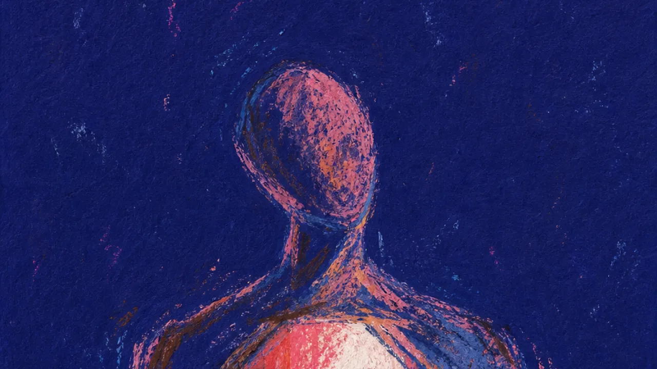 Soft Enough To Breathe A solitary figure with lowered shoulders and an open chest, warm pink light held inside deep indigo space.