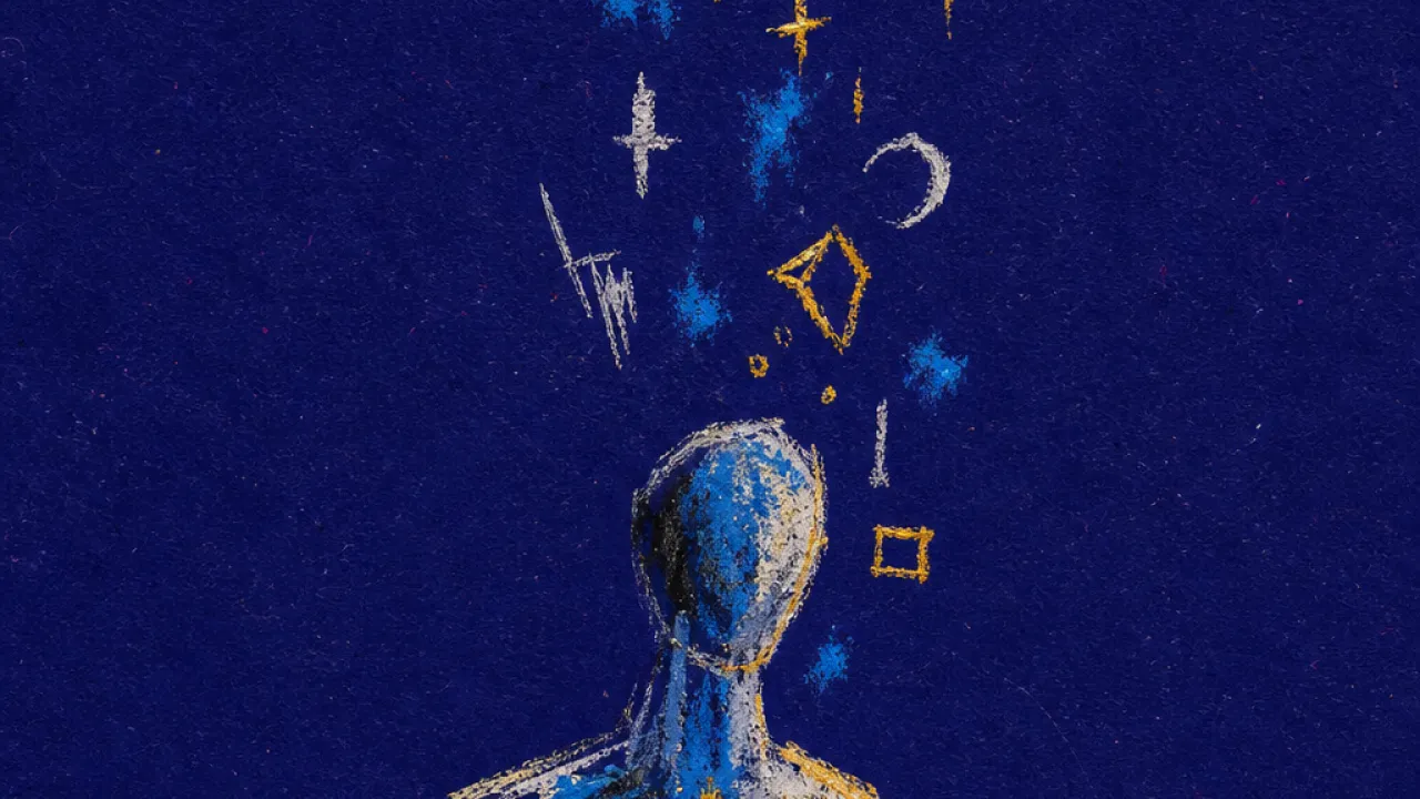 A solitary figure with a hollow chest, warm gold images hovering in mist above cold grey space and deep indigo ground