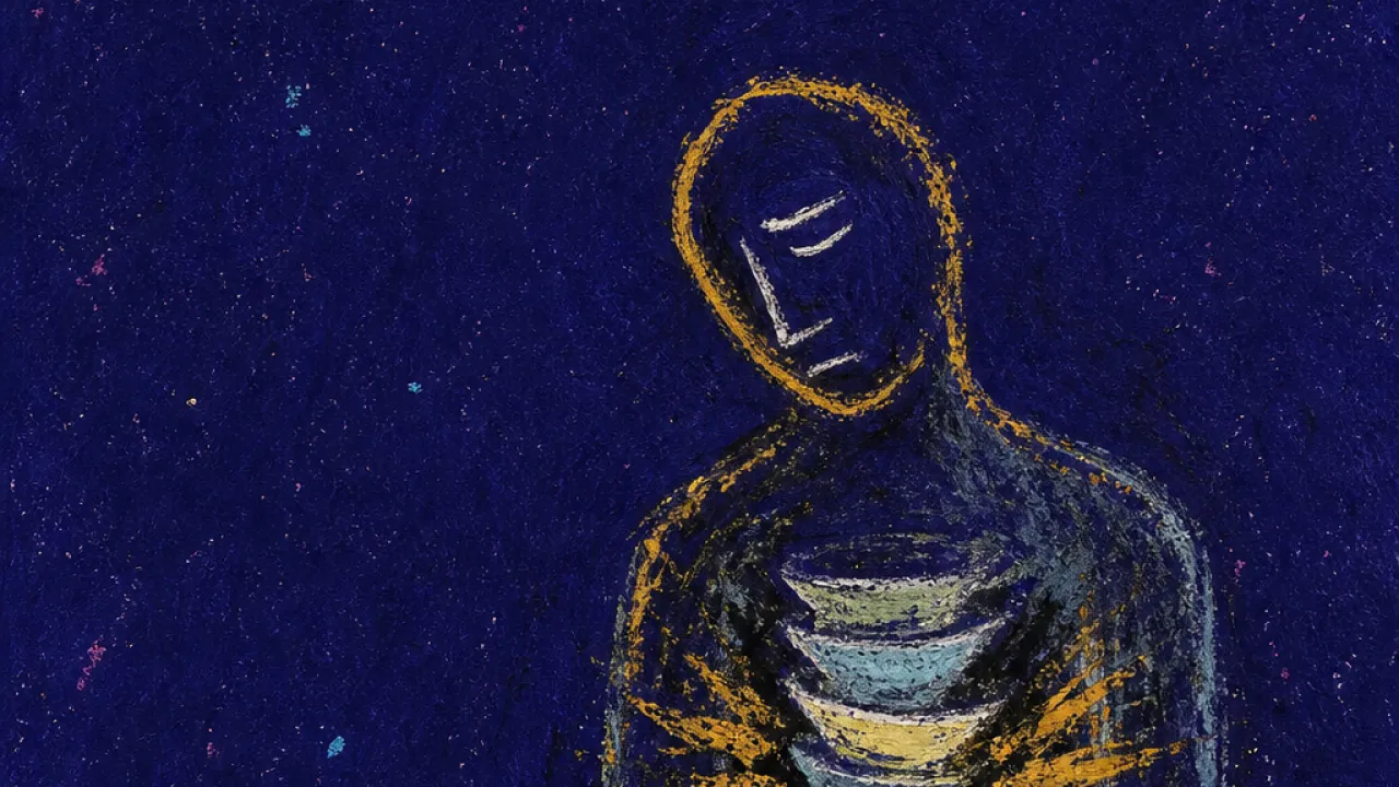 The Cups Still Press A solitary figure in dark space with stacked cups inside the chest, warm gold compressed against cold blue edges
