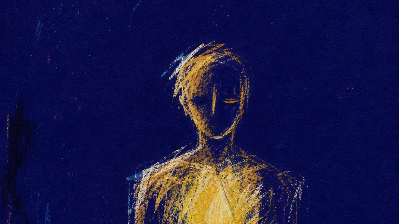 A solitary figure with lowered shoulders and a warm gold shape settled in the chest against deep indigo space