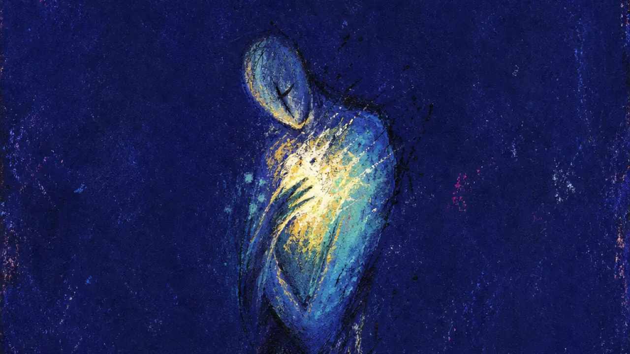 A solitary figure in dark space, chest drawn toward a gold glow while ink-blue details blur at the edges