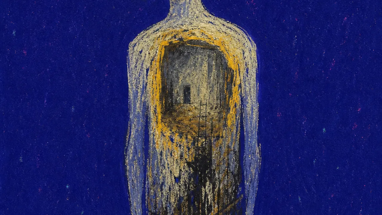 A solitary figure with a flat chest glow, hands near an opaque cup, pale gold fading into deep indigo hills