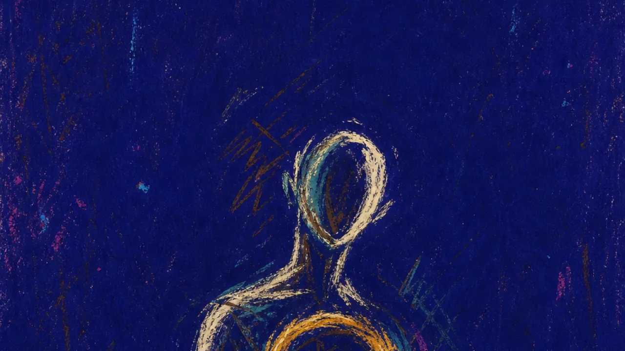 One Breath Forward A solitary figure with one foot lifted and a loop held near the ribs, amber lines tightening against deep indigo water.