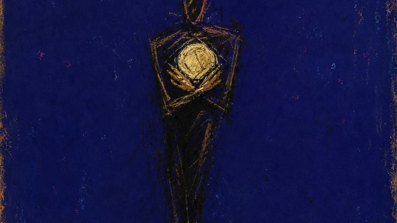 Pinned Against the Chest A solitary figure pinning gold coins to the chest and feet, cold amber pressure held inside deep indigo space