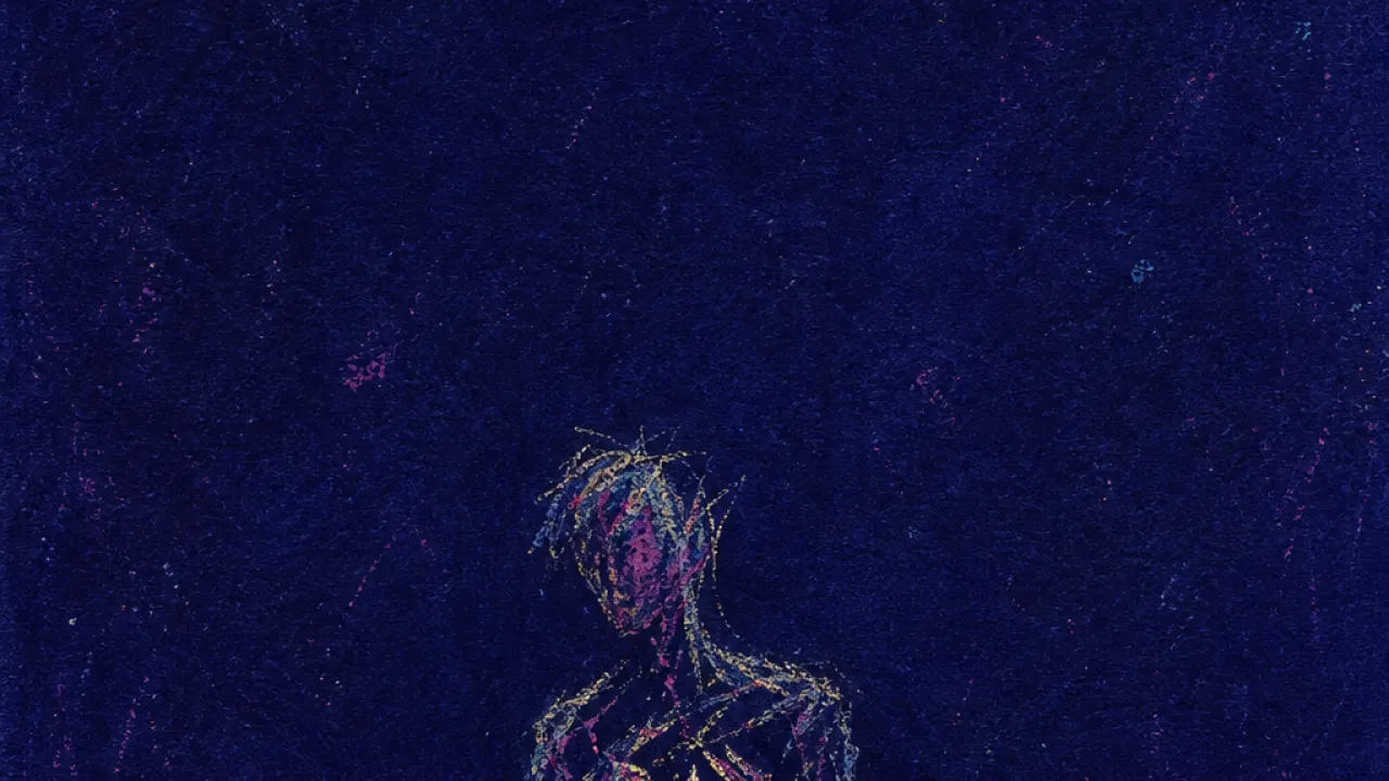 A Token Held Too Tight A solitary figure with a tightened ribcage around a small gold token, pale light compressed against deep indigo space