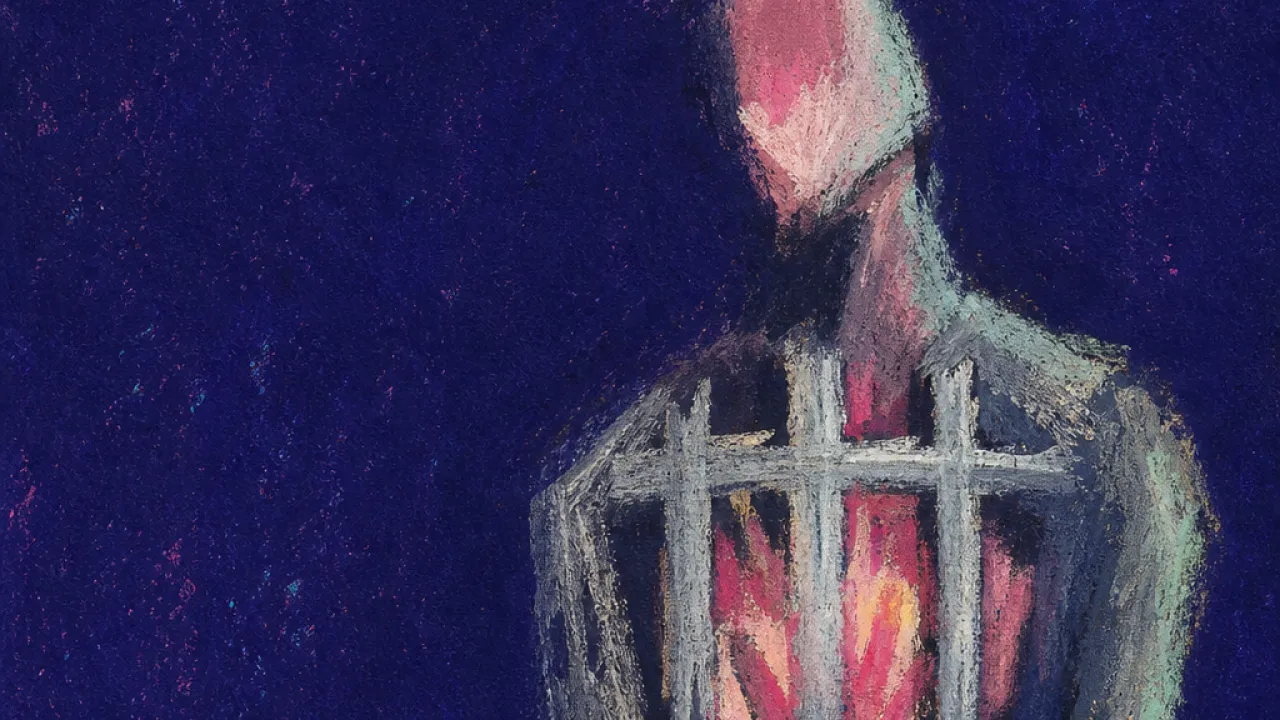 Warmth Behind the Gate A solitary figure with a guarded chest, warm rose light held behind cold iron shapes in deep indigo space